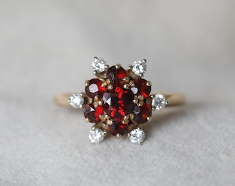 Vintage Granaat &Diamond 14k Geel Gouden Ring, maat 6