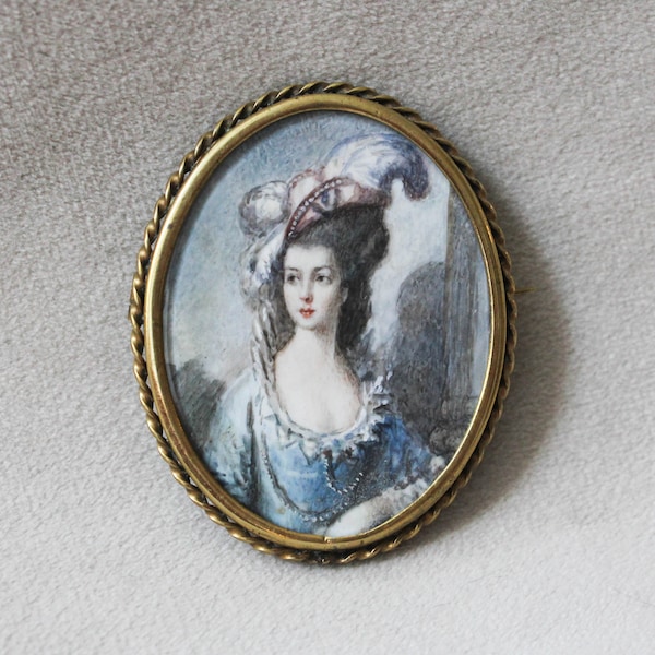 Antique Miniature Handpainted Portrait Brooch, Gainsborough portrait of the Honourable Mrs. Graham