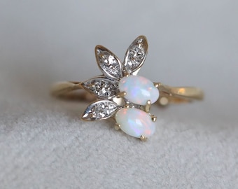 Vintage Opal Diamond Flower Ring, 14k Yellow & White Gold, size 6.5+