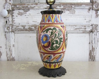 Vintage Italian Sgraffito pottery table lamp, ceramic carved and hand painted floral and bird motif, rustic lighting