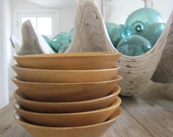 Vintage handmade wooden bowls, set of 6, light wood, Scandinavian, Mid Century, organic, boho, Wabi Sabi home decor