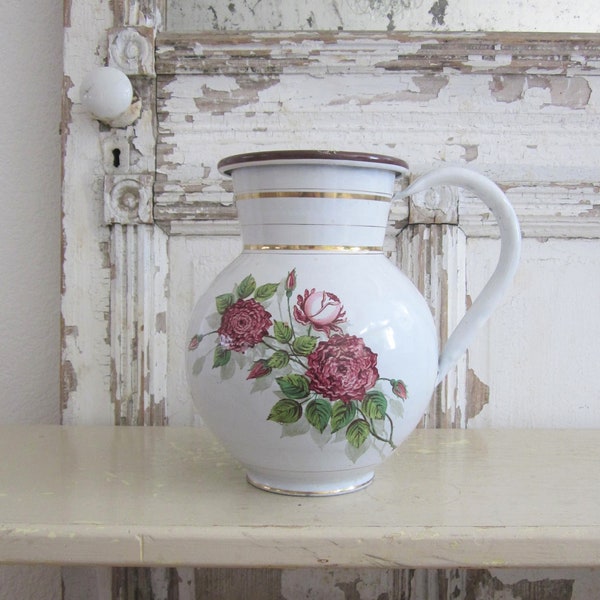 Antique Large French porcelain pitcher/jug/cachepot/vase, pink garden roses, gold, Shabby Chic, vintage farmhouse, floral arranging