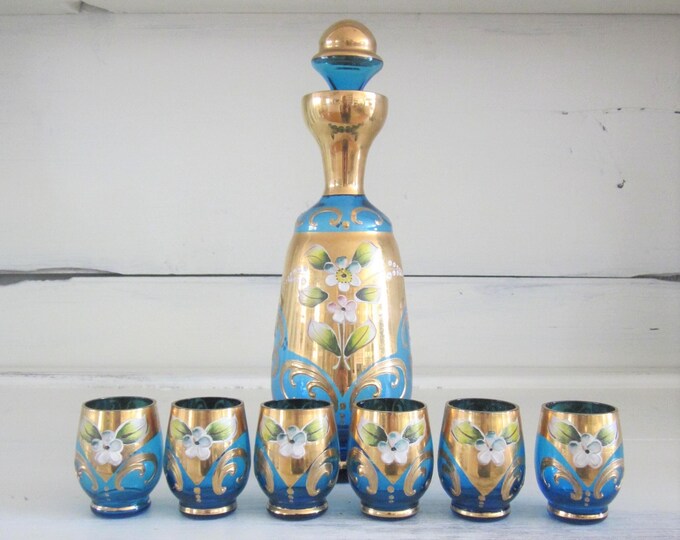 Vintage Decanter and Shot Glass Set, Turquoise Glass, Gold Gilt