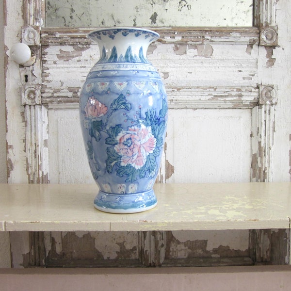 Vintage Chinese LARGE Vase, pink and blue floral, Chinoiserie decor, bungalow, cottage, floral arranging, garden party decor