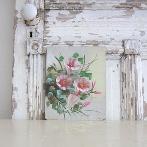 Vintage oil painting, PINK Morning Glories, French farmhouse, Shabby Chic, romantic decor, antique art, floral oil painting