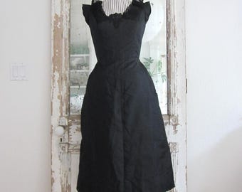 Vintage Hourglass cocktail dress, BLACK, lace illusion/cap sleeve, 50's evening dress, little black dress, 1950's designer evening wear
