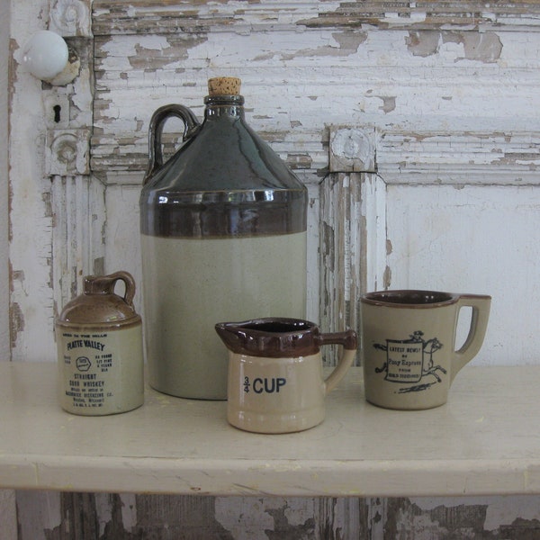 Vintage stoneware, set of 4, brown stoneware, vintage advertising, farmhouse, vintage kitchen, counter decor, stoneware jug, coffee mug