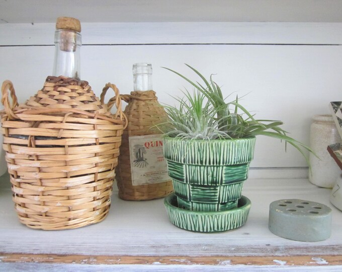 Mccoy Pottery, Green Basket Weave Planter, Plant Pot, Kitchen Garden Decor, Beach Bungalow Decor