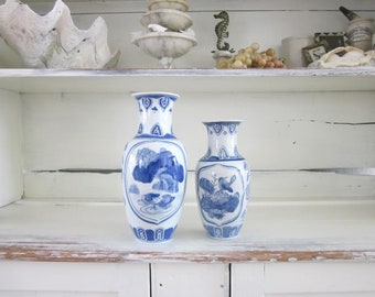 Vintage Chinese Vase, blue and white floral, Chinoiserie decor, bungalow, cottage, floral arranging, garden party decor