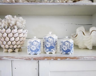 Vintage Mason's England ironstone tea caddy, set of 3, lidded jars, blue & white transferware, Shabby Chic vanity storage, farmhouse kitchen