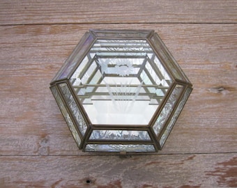 Vintage brass and glass display case, trinket box, mirrored, hummingbird/flower, mid century jewelry case, vintage display box