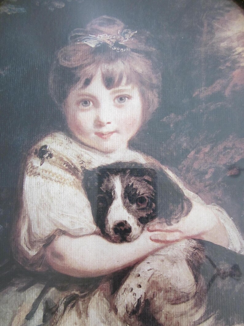 Vintage Florentine Frame With Print, Little Girl With Dog, Gold