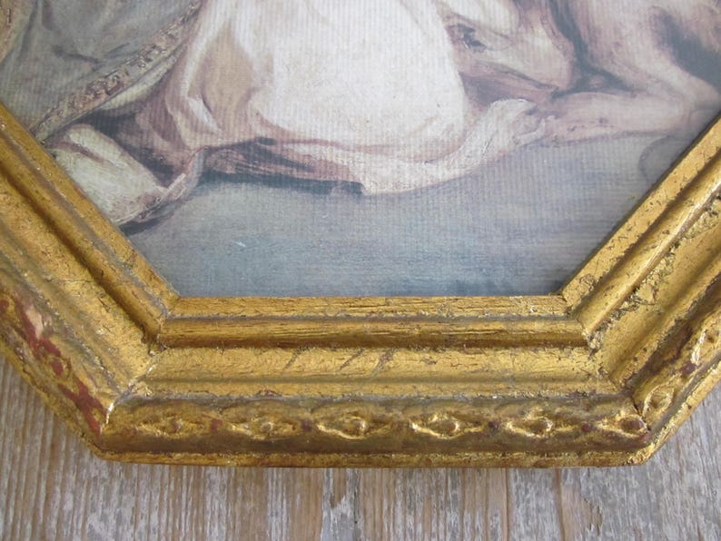 Vintage Florentine Frame With Print, Little Girl With Dog, Gold