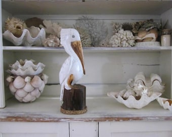 Hand carved WHITE wood shorebird, Pelican, beach house decor, coastal home, bookshelf styling