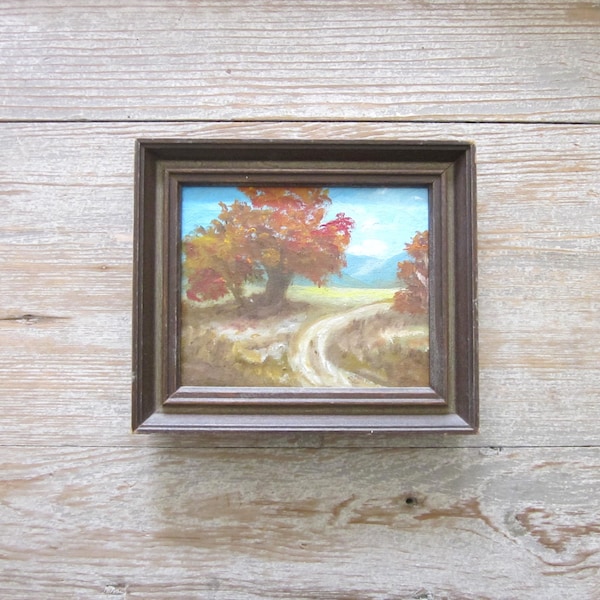 Vintage landscape oil painting, petite, California landscape, country path, impressionist, country home decor