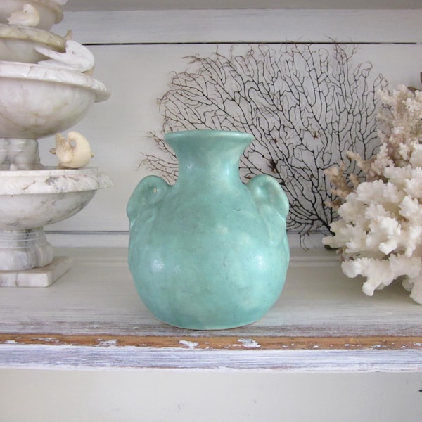 vase vintage en poterie Brush McCoy, glaçure verte, doubles poignées cygne, poterie de collection