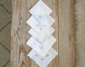 Vintage handkerchiefs, set of 5, BLUE & WHITE, wedding/bridesmaids' gifts, MOTHER, Lily of the Valley, romantic wedding, #1