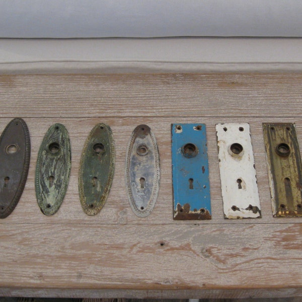 Vintage door hardware, back plates, set of 12, brass, chippy, patina, Art Deco