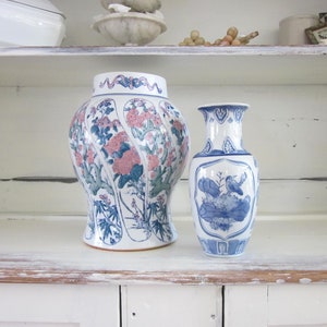 Vintage Chinese Vase, blue and white floral, Chinoiserie decor, bungalow, cottage, floral arranging, garden party decor