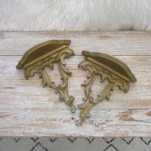 Vintage Syroco Wood wall shelf, pair, old gold, Hollywood Regency, Mid Century decor, decorator decor, display shelves, romantic decor