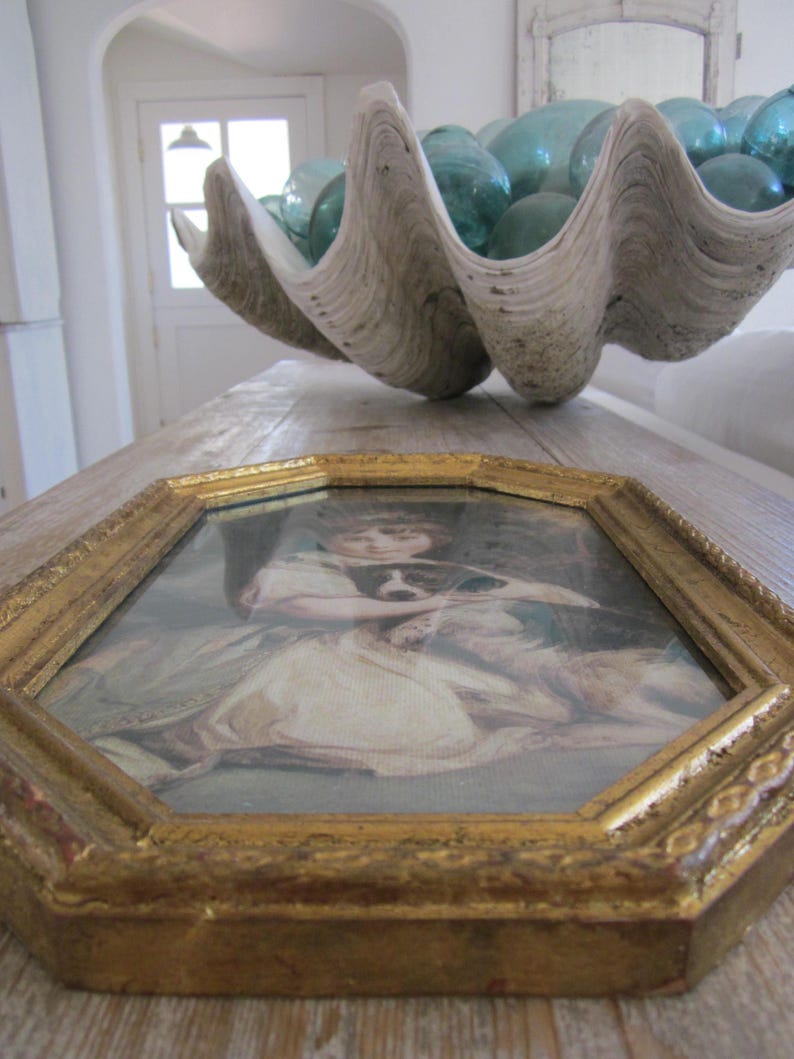 Vintage Florentine Frame With Print, Little Girl With Dog, Gold