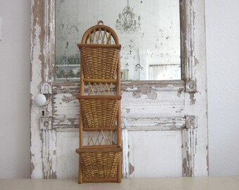 Vintage woven wicker 3 pocket wall basket, mail basket, bohemian home decor, bungalow home, hippy chic home decor