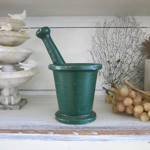 Large Antique Miners cast iron Mortar with pestle, original green paint, Early 19th Century primitive, Pharmacy, Apothecary, Druggist prop