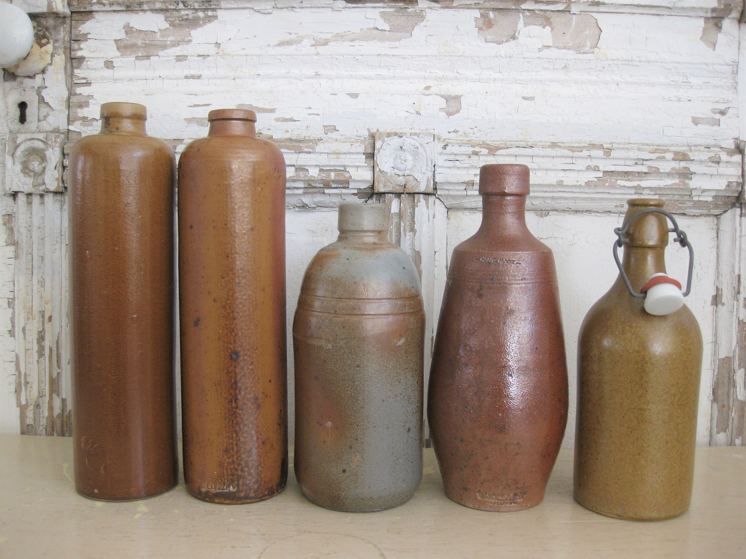 Antique ceramic bottles brown pottery set of 5 stoneware Etsy