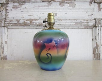 Vintage Judith Stiles art pottery CAT table lamp, multicolored ginger jar shape, Mid Century pottery lamp, cat lover home decor