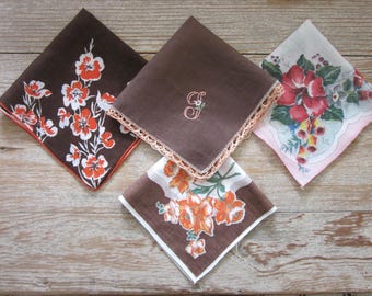 Vintage handkerchiefs, set of 4, warm fall colors, wedding/bridesmaids gifts, clothes accessory, autumn farmhouse wedding hankies
