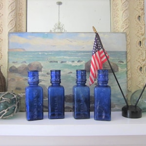 Antique John Wyeth & Bro. cobalt bottles, dose bottles with dosage cup, medicine bottle, aged patina, beach house decor, collectible glass