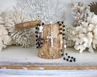 Vintage Sterling Silver Rosary, Catholic Rosary, faceted black beads, Sacred Heart, religious decor, blessing, Jesus, Baptism gift