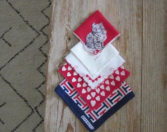 Vintage handkerchiefs, set of 5, Givenchy, Red White and Blue, Cat hankie, patriotic handkerchiefs, 4th of July hankies