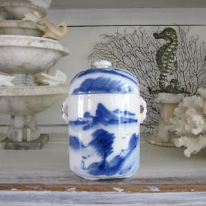 Vintage Chinese tea caddy, blue and white pottery, Chinoiserie home decor, bohemian home decor, vintage kitchen