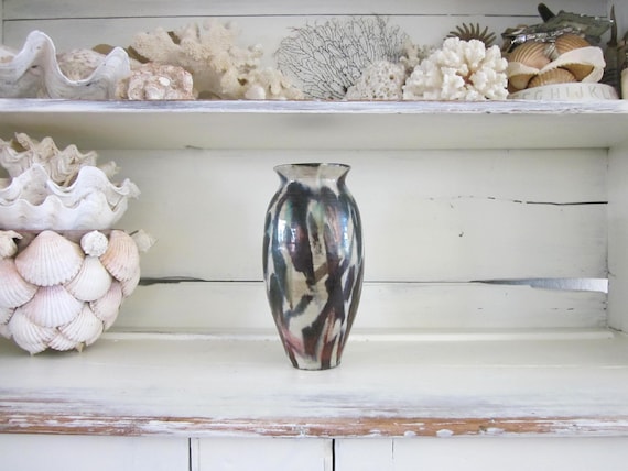 Marbled copper-aqua-blue studio pottery with genuine Arts & Crafts lineage — the glaze work alone makes it shelf-worthy.