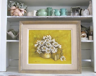 Mid Century framed white daisies still life painting, floral on yellow, original art, signed