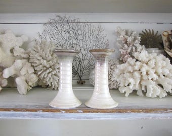 Signed "Segal" studio pottery candlesticks, PAIR, wabi sabi home decor, earthy pottery, organic pottery