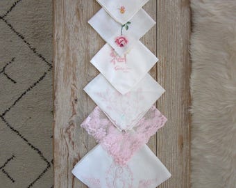 Vintage handkerchiefs, set of 6, PINK lace, pink roses, wedding/bridesmaids' gifts, garden party/tea party hankies