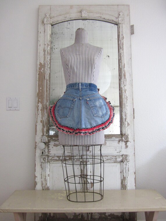 Vintage Levi's jeans apron, hand made, 4th of July apparel, patriotic, USA, red white and blue, American attire
