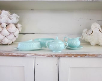 Vintage Franciscan Ware - Coronado - aqua matte pottery, lidded butter/cream and sugar/bowl, made in USA, mid-century beachy kitchen