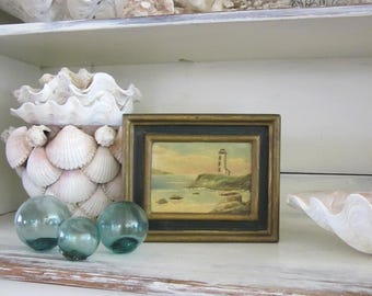 Gorgeous Vintage seascape oil paining, Seaside Lighthouse, framed, aqua blues, beach house decor, coastal home art