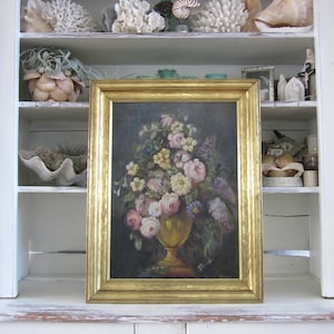 Framed original floral still life painting, 1920&#39;s floral oil painting on artist board, moody floral art