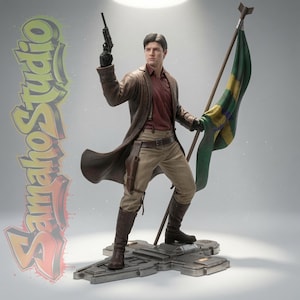 May include: A detailed collectible figurine of a man in a brown trench coat, maroon shirt, and tan trousers, holding a black pistol in one hand and a green and yellow flag on a pole in the other, standing on a metallic base with Samaho Studio text.