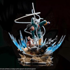 May include: A dynamic action figure depicts a martial arts scene with two characters in combat. One figure, in a green and orange outfit, is mid-kick, while the other, in black and gray, is on the ground. Blue energy effects and white lines enhance the action.