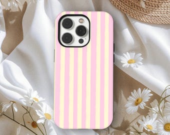 Pink Yellow Striped Phone Case, Soft Coquette Aesthetic Candy Stripe Cover for iPhone 17 16 15 14 13 12 11 Pro Max, Samsung S25 S24 Ultra