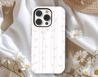 BLUSHING FLOALS Coque pour iPhone, coque à fleurs rose, coque de téléphone à fleurs roses avec dentelle, jolie coque de portable, téléphone 17 16 15 14 13, Samsung S25 S24