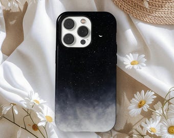 Blue Night Moon Phone Case: Stars And Clouds Design,Minimal Crescent Moon & Mist, Space Galaxy Design, iPhone 17 16 15 14 13 12, Samsung S25