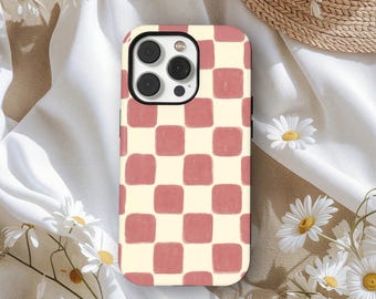 Retro Checkerboard Phone Case, Hand Painted Red Check Pattern Cover, Minimalist Aesthetic Phone Case, iPhone 17 16 15 14 13 12, Samsung S25