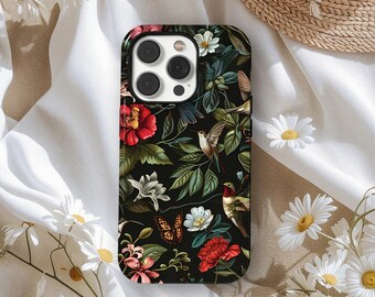 Funda para iPhone con diseño de flores silvestres estilo William Morris, diseño floral cottagecore oscuro, para iPhone 17, 16, 15, 14, 13 y 12, Samsung S25 y S24.