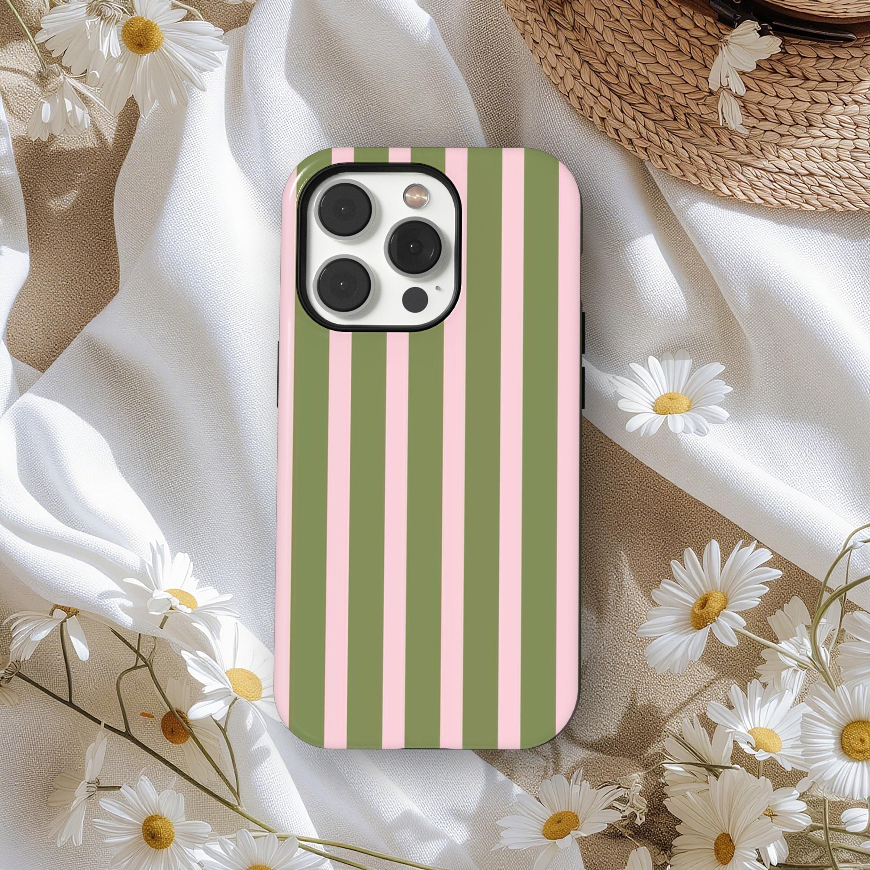Olive Green Pink Striped Phone Case, Preppy Minimalist Cover, Retro Candy Color Y2K Aesthetic Cover, iPhone 17 16 15 14 13 12, Samsung S25